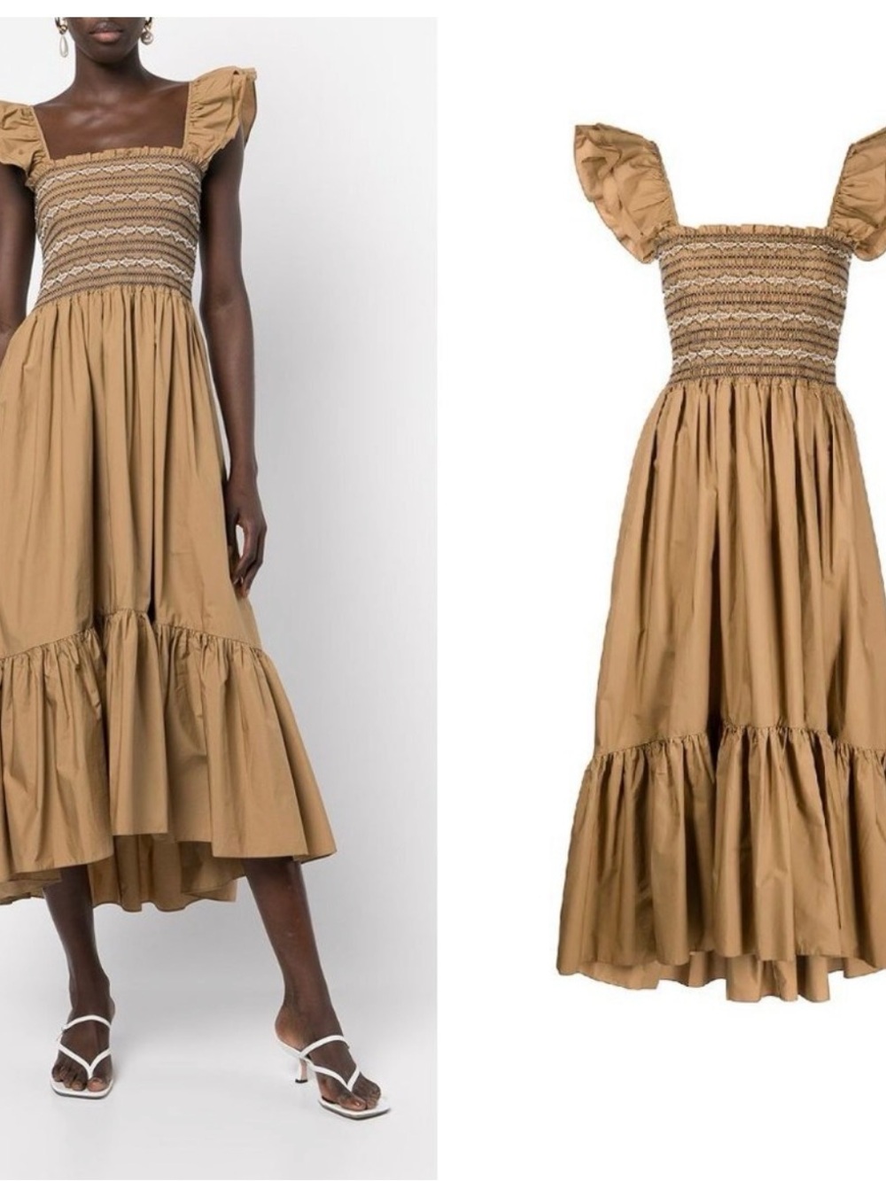 Cara Cara Ruby Square Neck khaki Smocked Midi Dress with Ruffle Straps